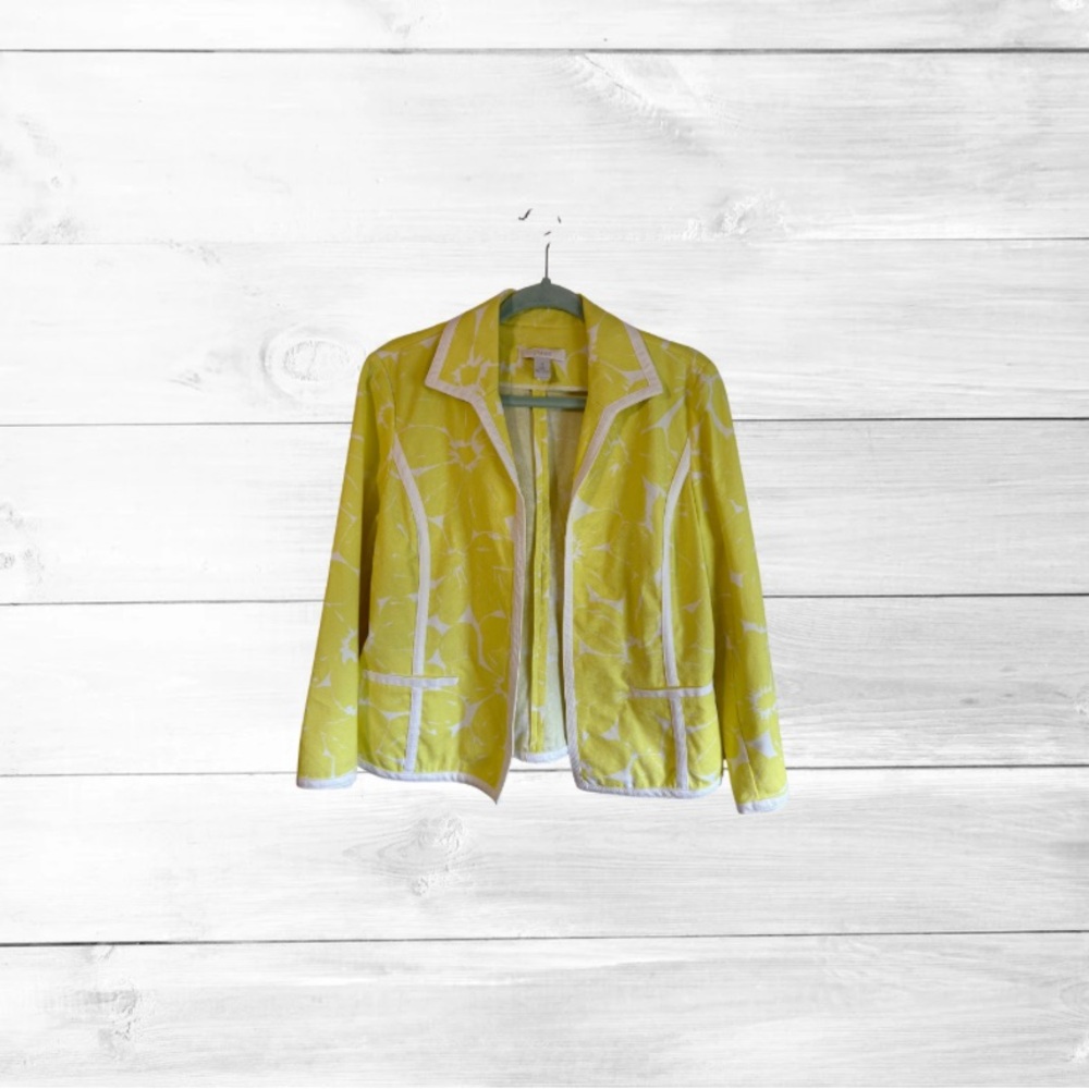 Chico's textured Yellow and White Blazer flower open front unlined size 1